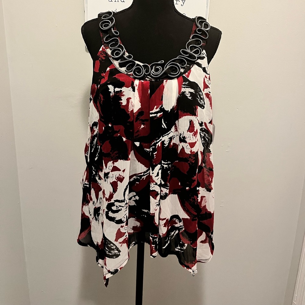 Black/Red Floral Blouse with Ruffle Black and Silver Collar
